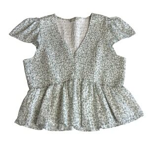 American Eagle Floral Smocked Peplum Top XL Green Flutter Sleeve Cottagecore